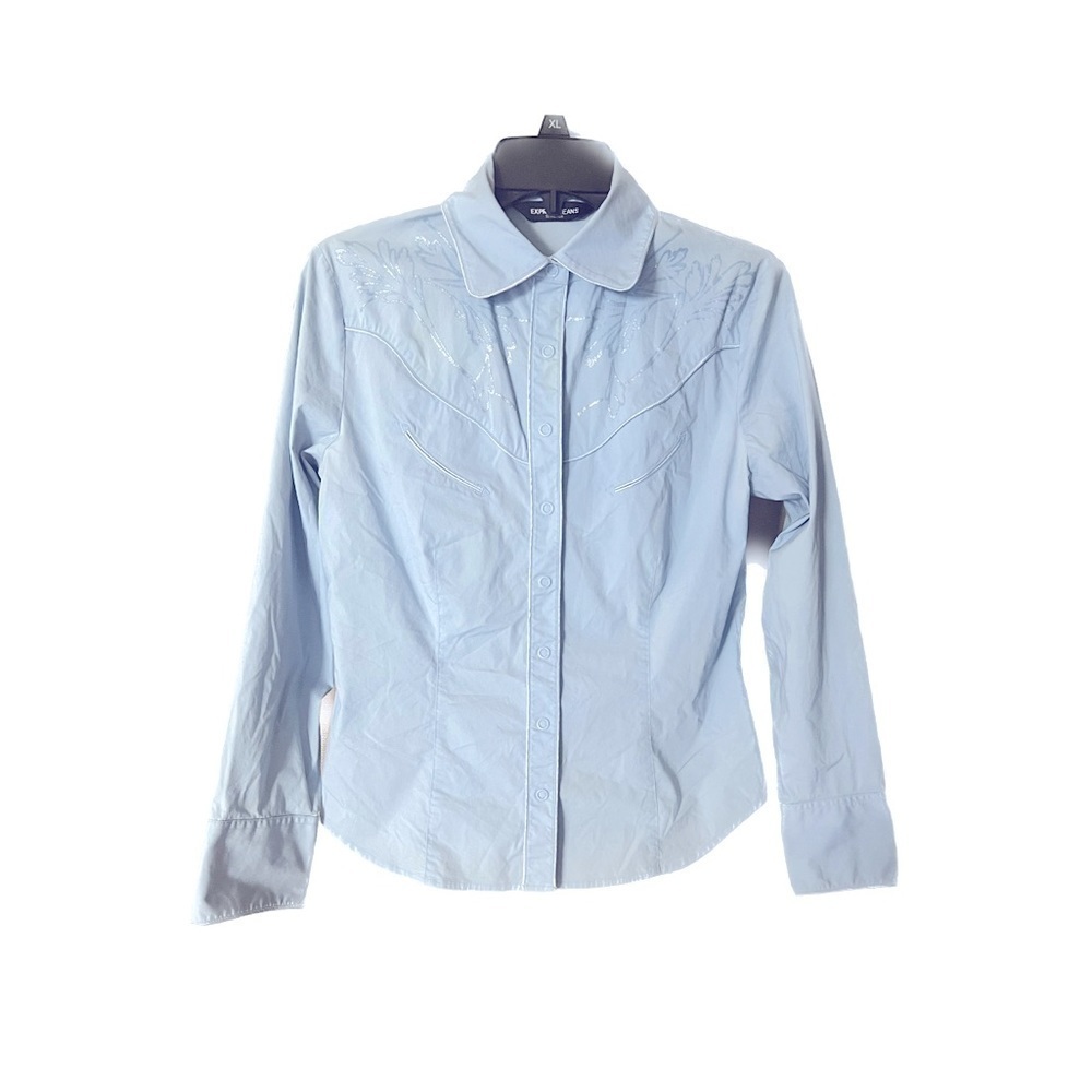 Y2K Express western snap shirt in ice blue. SZ 7/8
